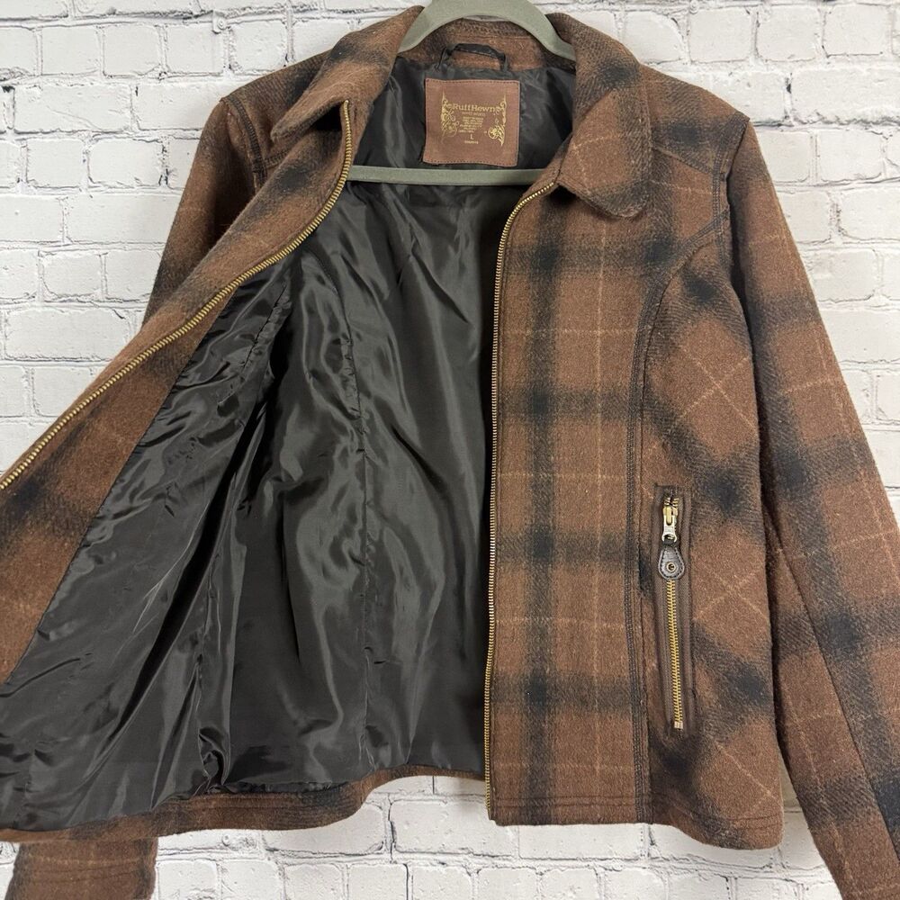 Ruff Hewn Full Zip Jacket Wool Blend Elbow Patch Womens L Brown Plaid Zip Pocket - Picture 3 of 13